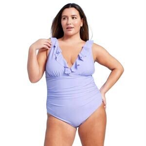 Shade & Shore Women's Full Coverage 1 Piece Swimsuit Ruffle Lilac Purple Size 16